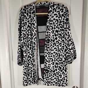 John Mark Mixed Media Open Front Knit Cardigan Black & White Animal Print Small